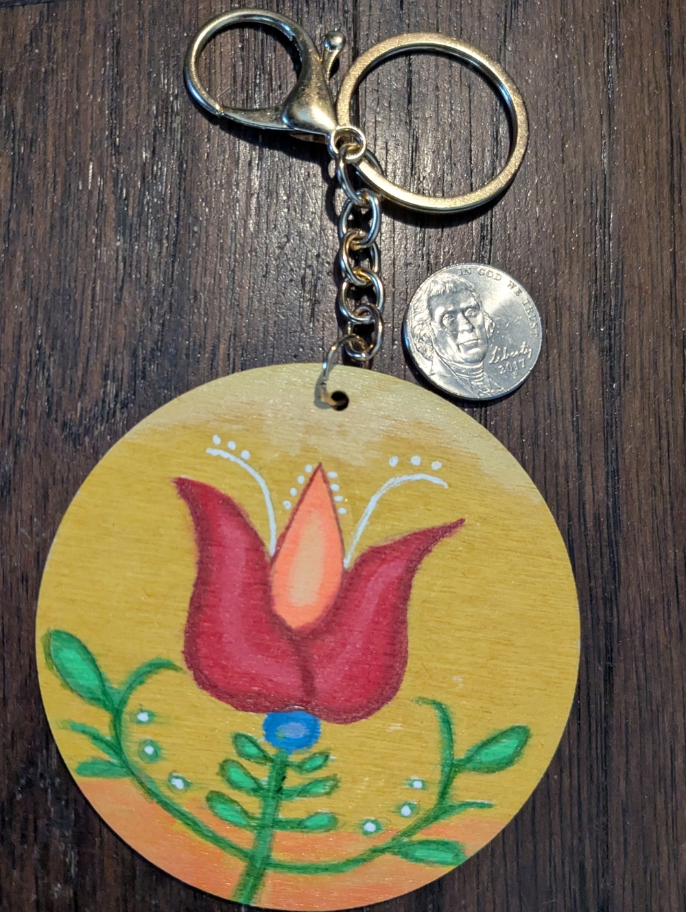 Native American Hand-Painted Floral Wooden Keychain Purse Charm